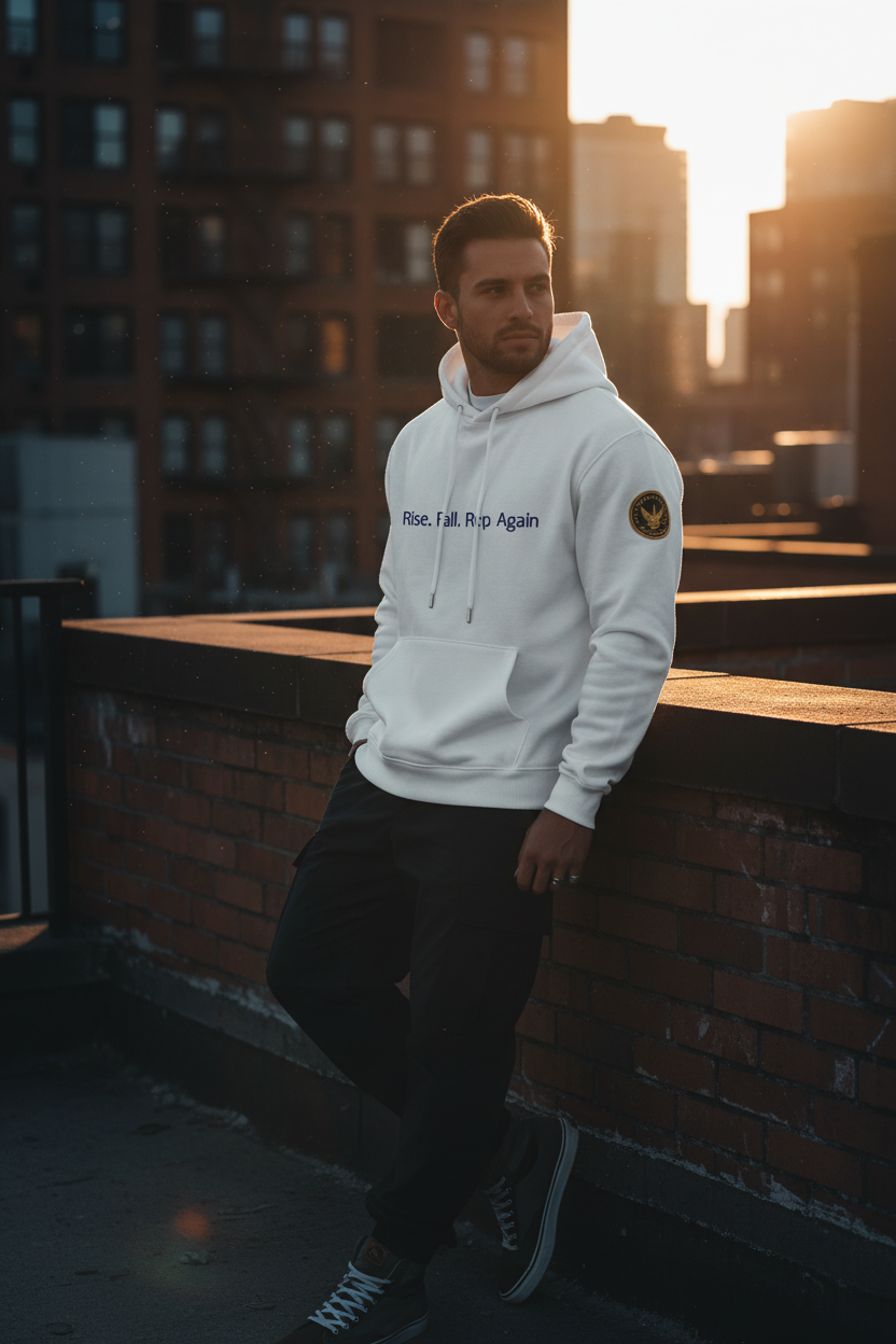 Rise Fall Rep Again unisex resilience hoodie, worn