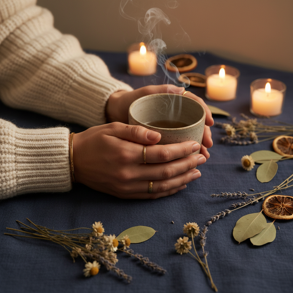 Wellness collection - hands holding a steaming ceramic cup surrounded by botanicals and candles