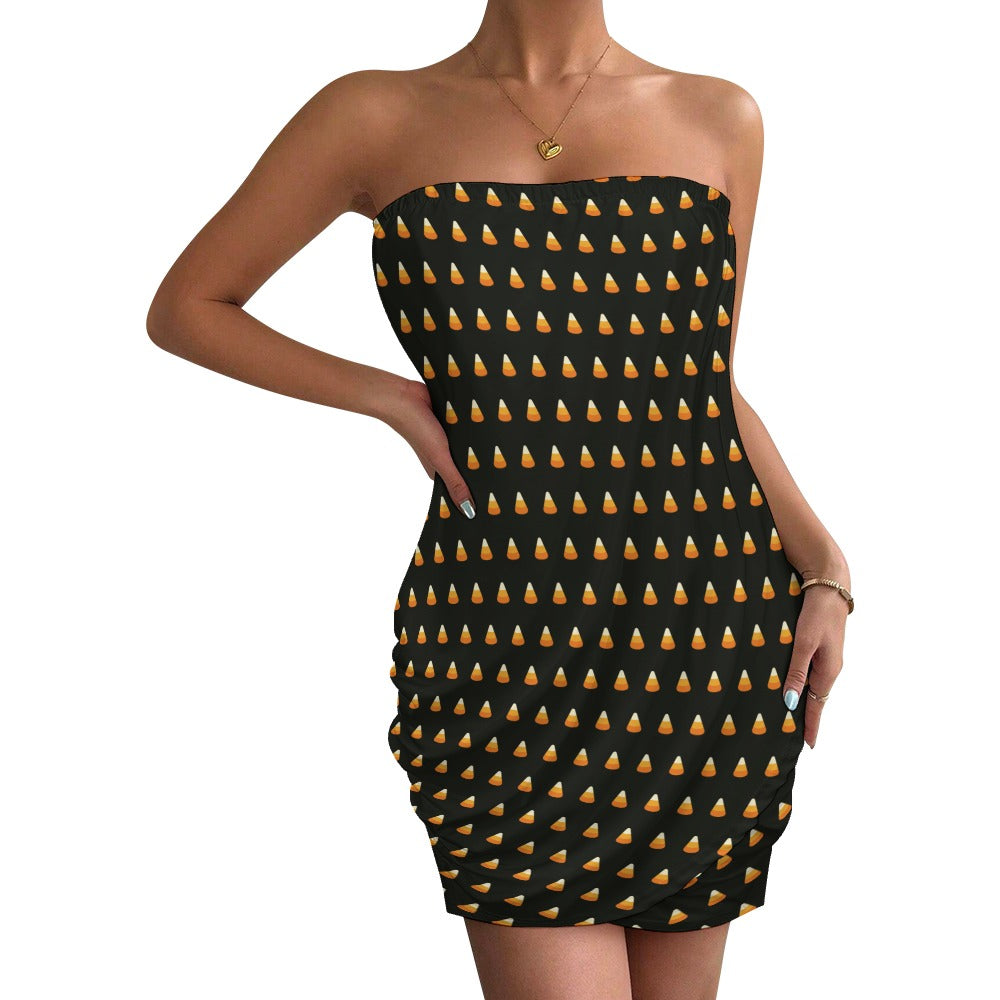 Women's black strapless bodycon dress with candy corn Halloween allover print
