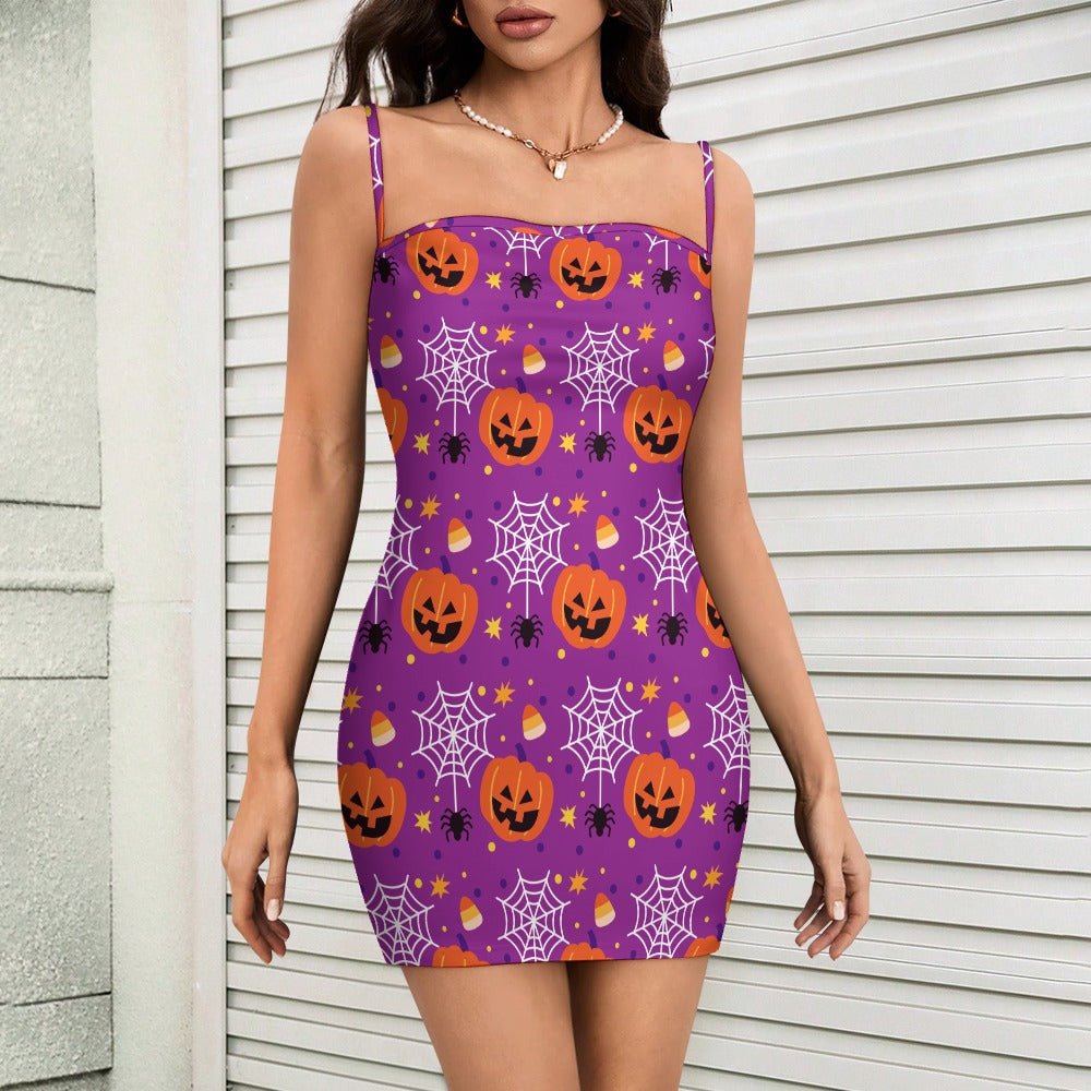Halloween Bodycon Mini Dress for Women | Pumpkin & Spider Web Print