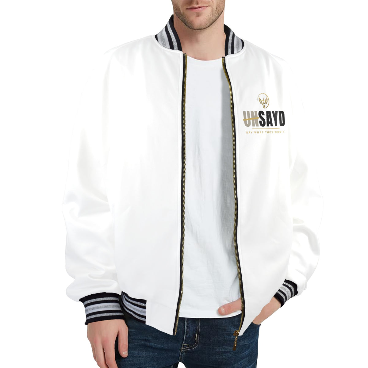 Men's UNSAYD White Striped Trim Bomber Jacket