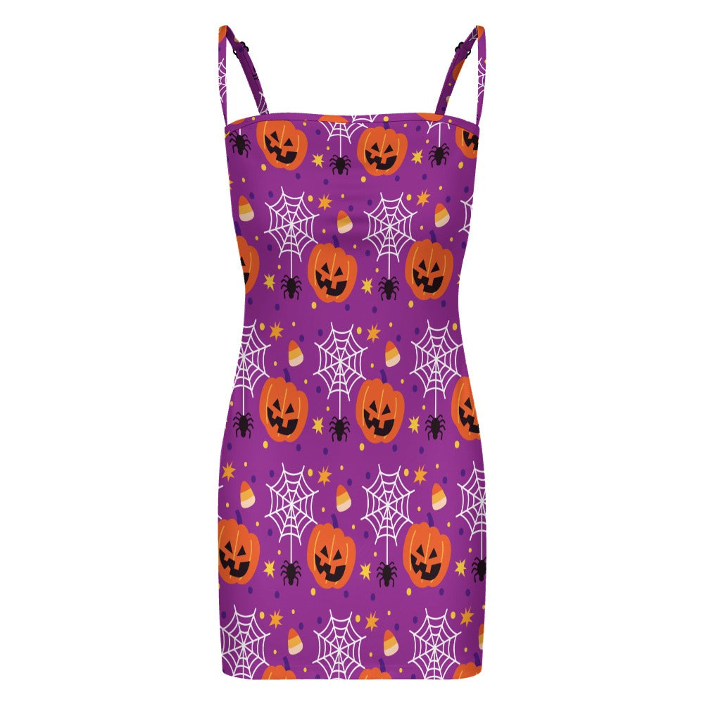 Halloween Bodycon Mini Dress for Women | Pumpkin & Spider Web Print