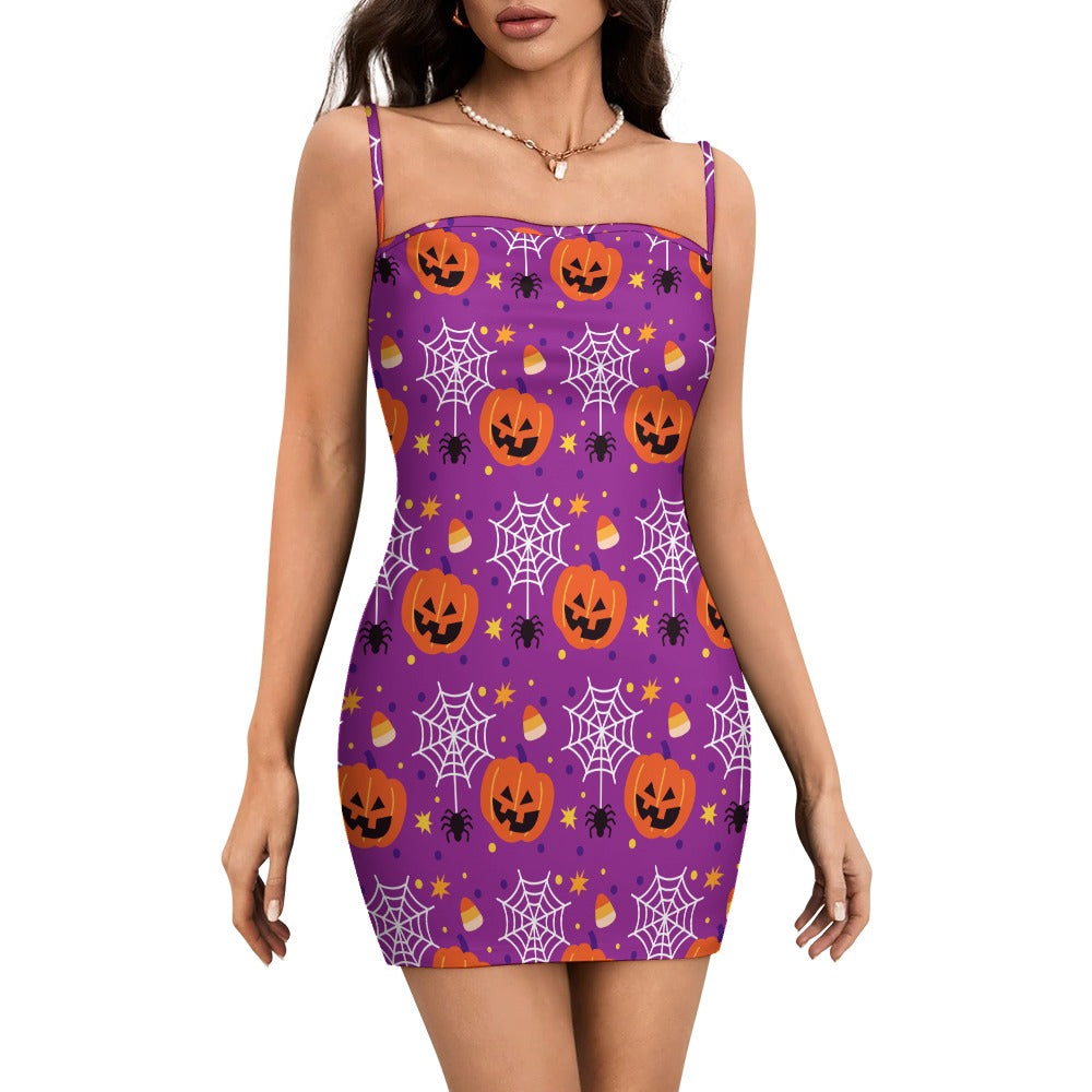 Halloween Bodycon Mini Dress for Women | Pumpkin & Spider Web Print