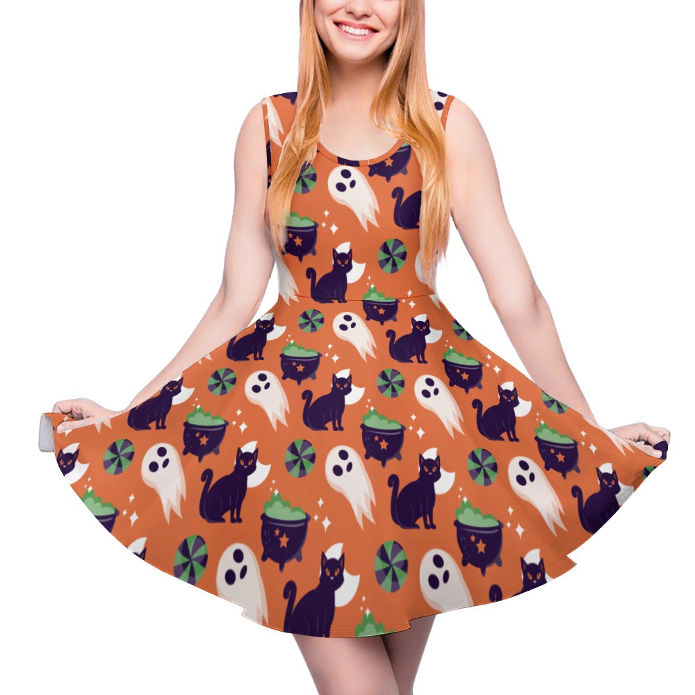 Halloween Print Sleeveless Skater Dress | Women's Fit & Flare | XS–5XL