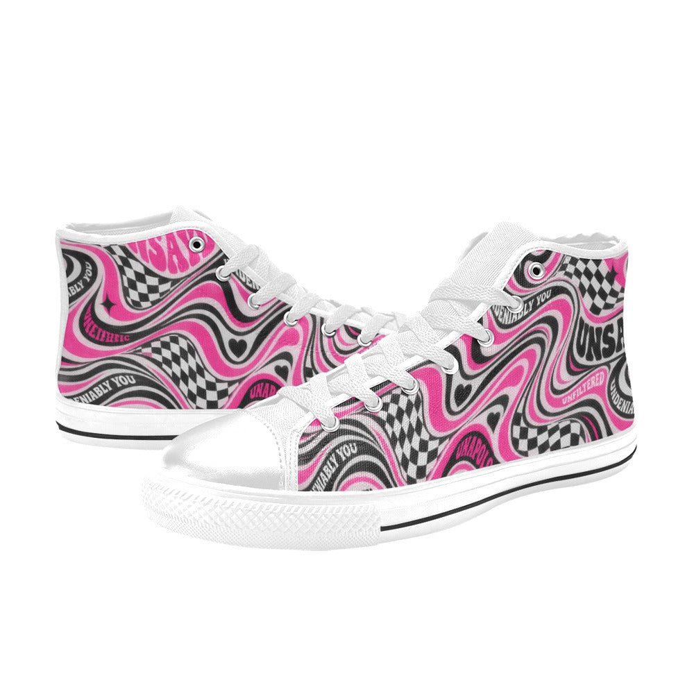 UNSAYD Kids High Top Canvas Sneakers | Pink Psychedelic Checkered Print | Big Kid