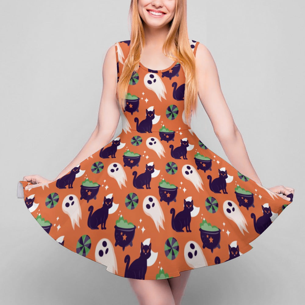 Halloween Print Sleeveless Skater Dress | Women's Fit & Flare | XS–5XL