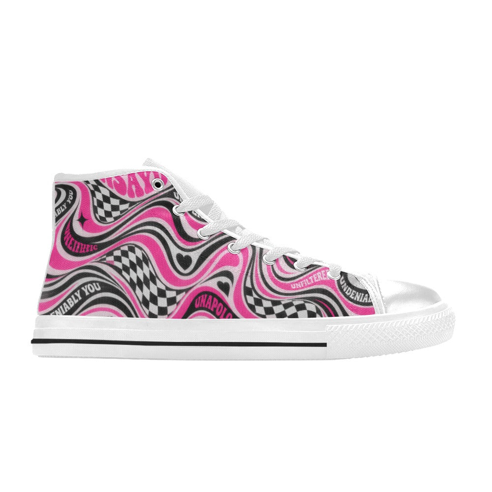 UNSAYD Kids High Top Canvas Sneakers | Pink Psychedelic Checkered Print | Big Kid