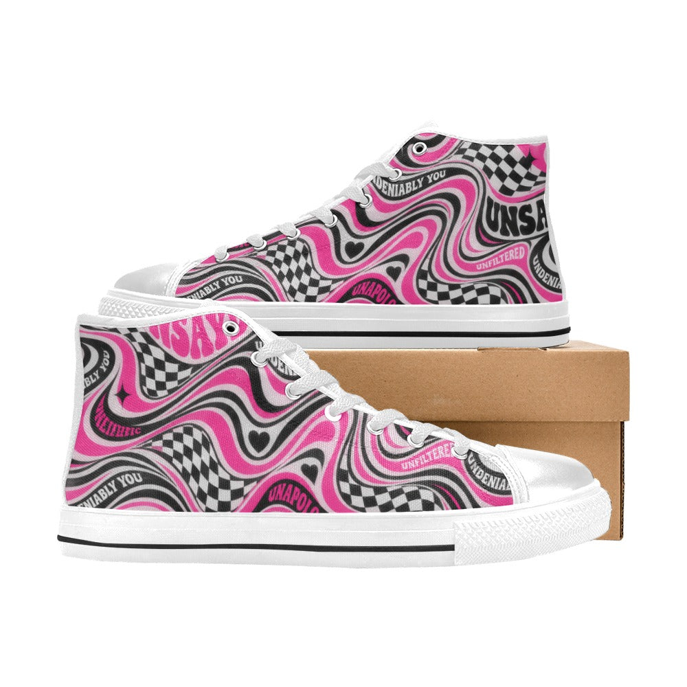 UNSAYD Kids High Top Canvas Sneakers | Pink Psychedelic Checkered Print | Big Kid