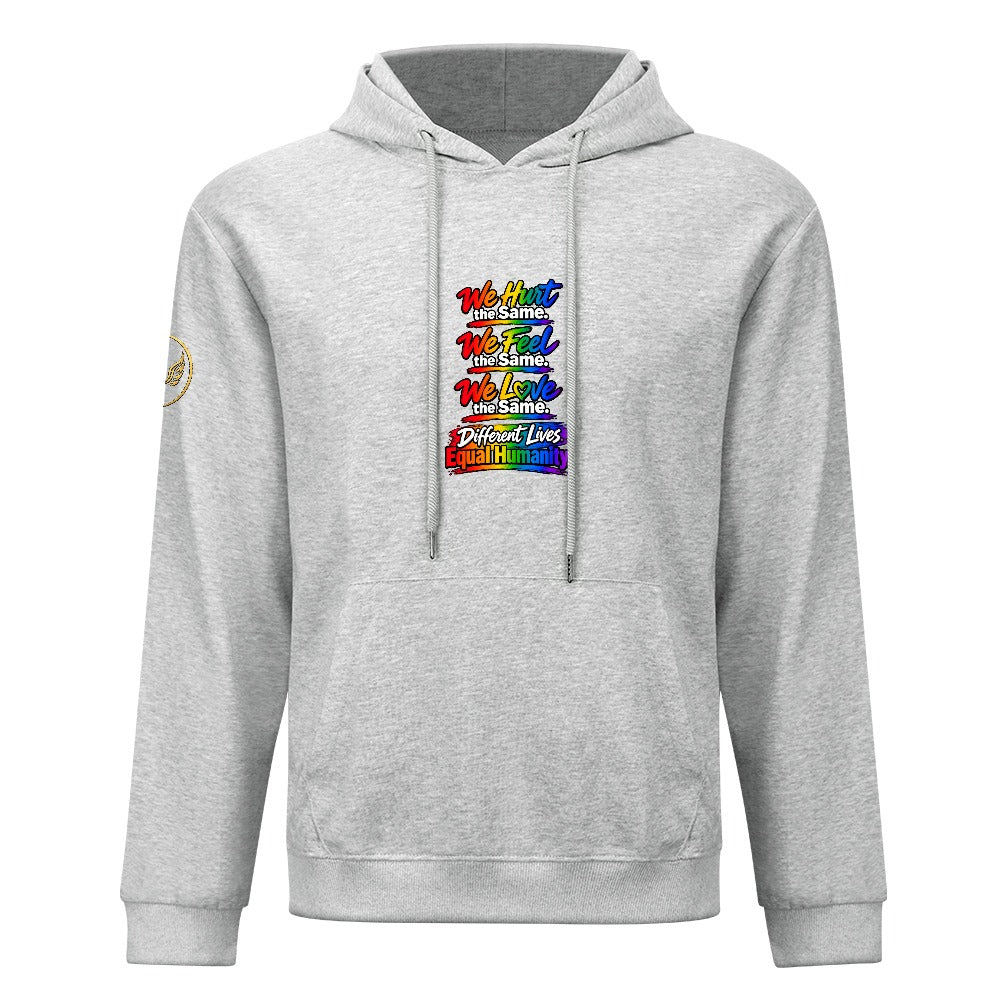 Equal Humanity heather grey hoodie with rainbow text graphic front view