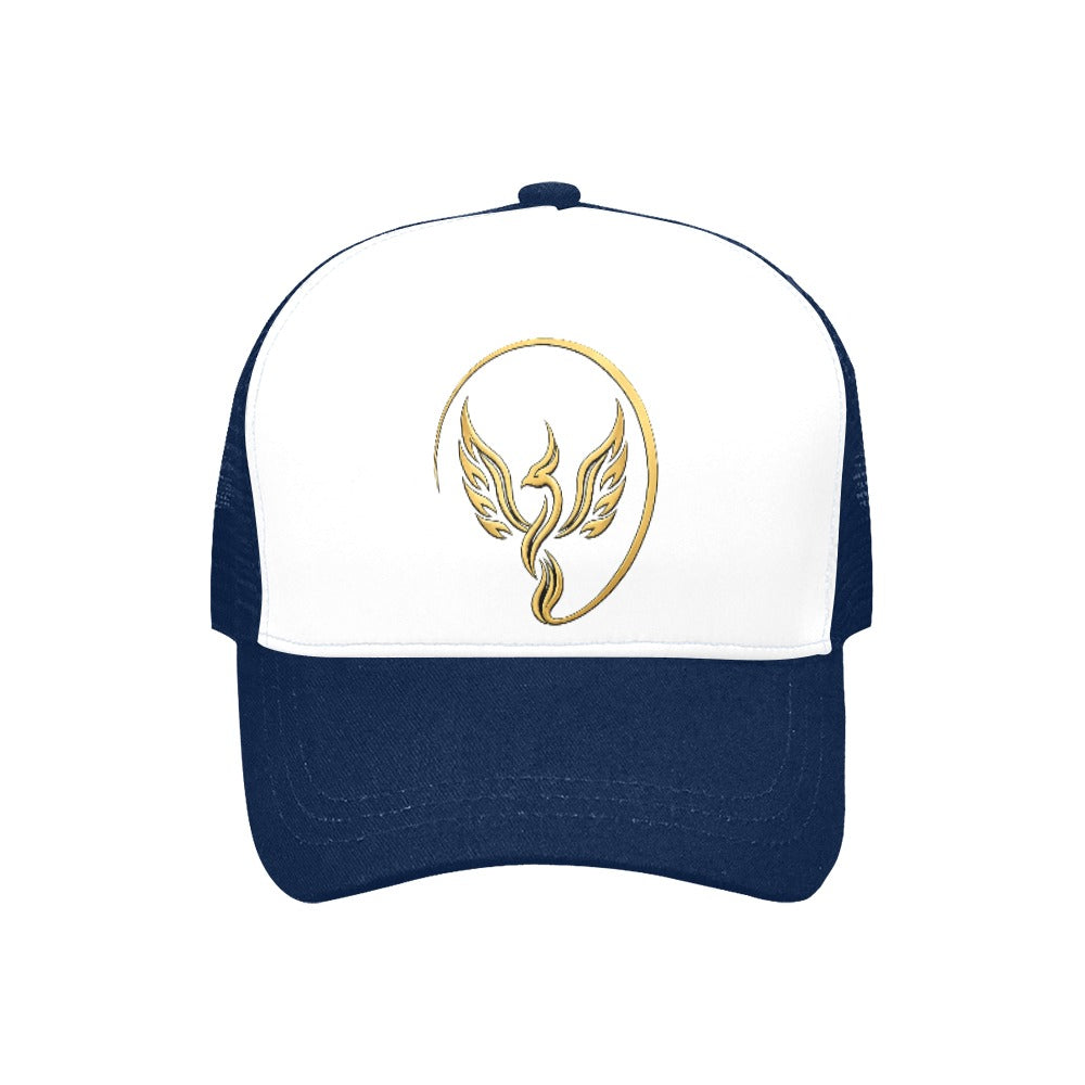 Gold Phoenix navy and white trucker cap front view