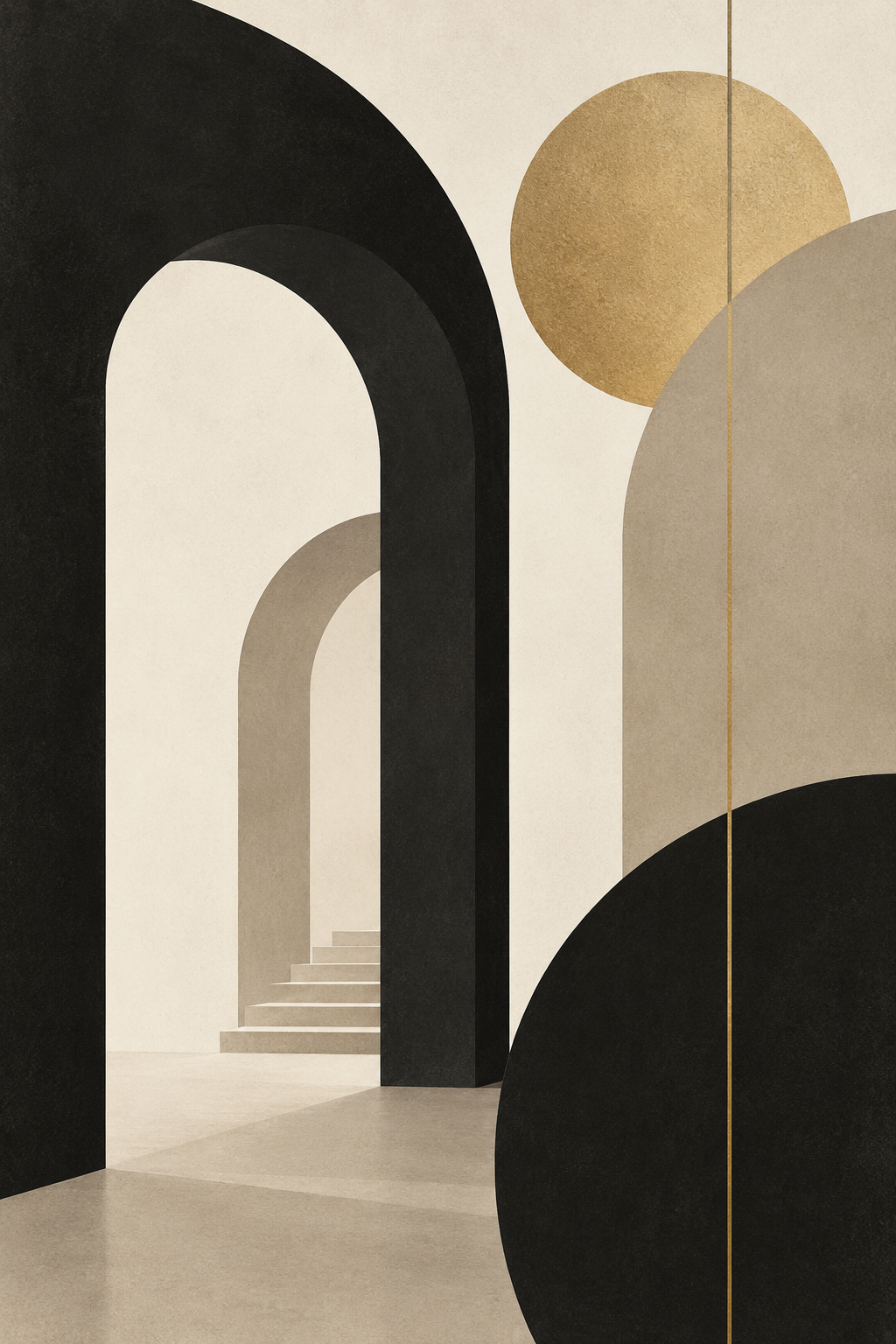 Architectural abstract forms — minimalist wall art print with black arches and gold geometric shapes