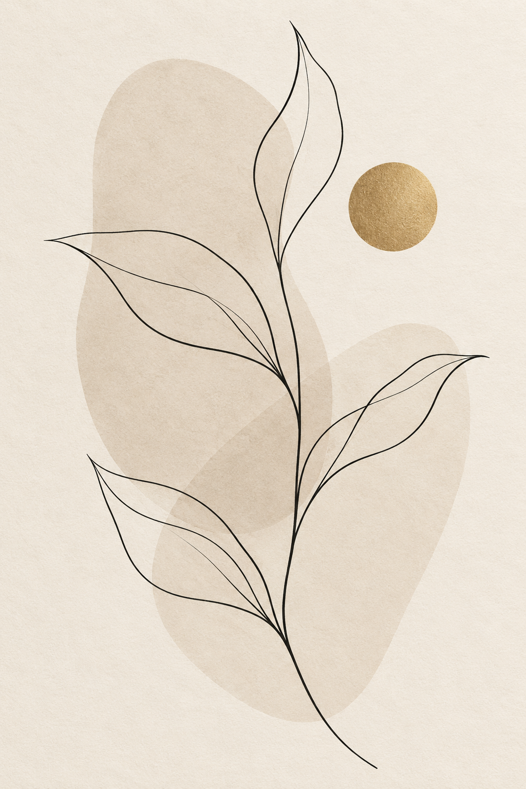 Botanical line art — minimalist wall art print with leaf stem, beige oval shadow, and gold circle