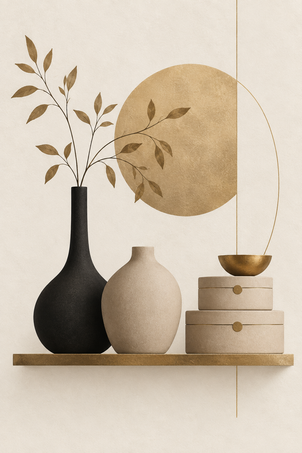 Sculptural storage and decor accents — minimalist wall art print with black vase, beige vase, and gold accents