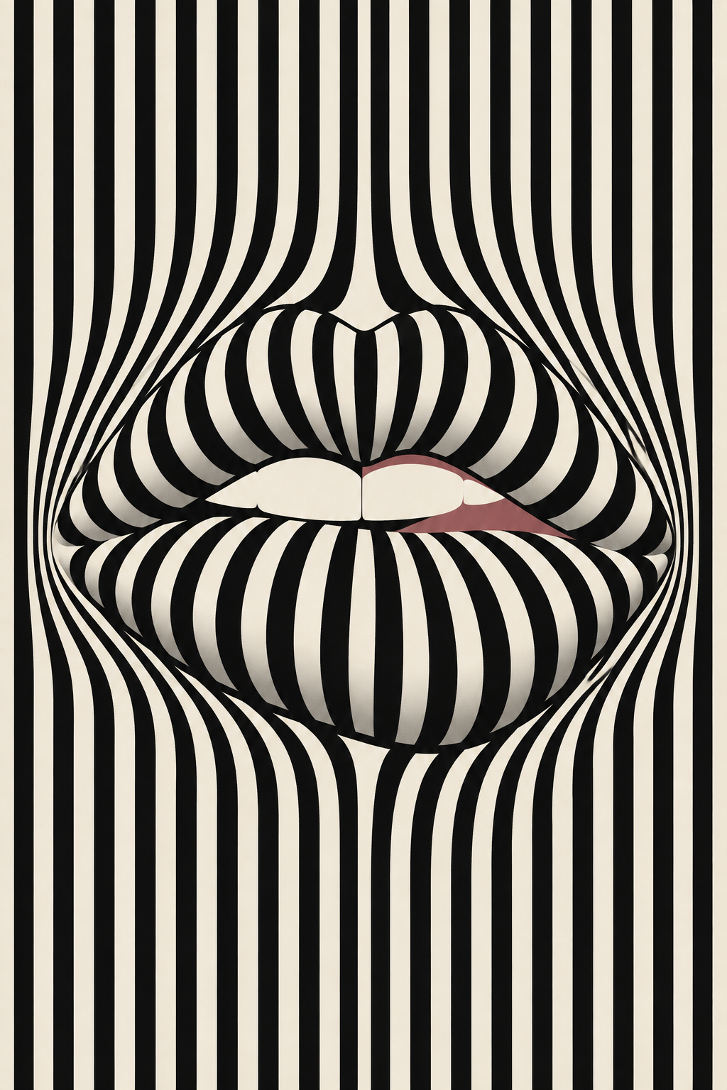 Optical illusion lips wall art print — bold black and white vertical stripes
