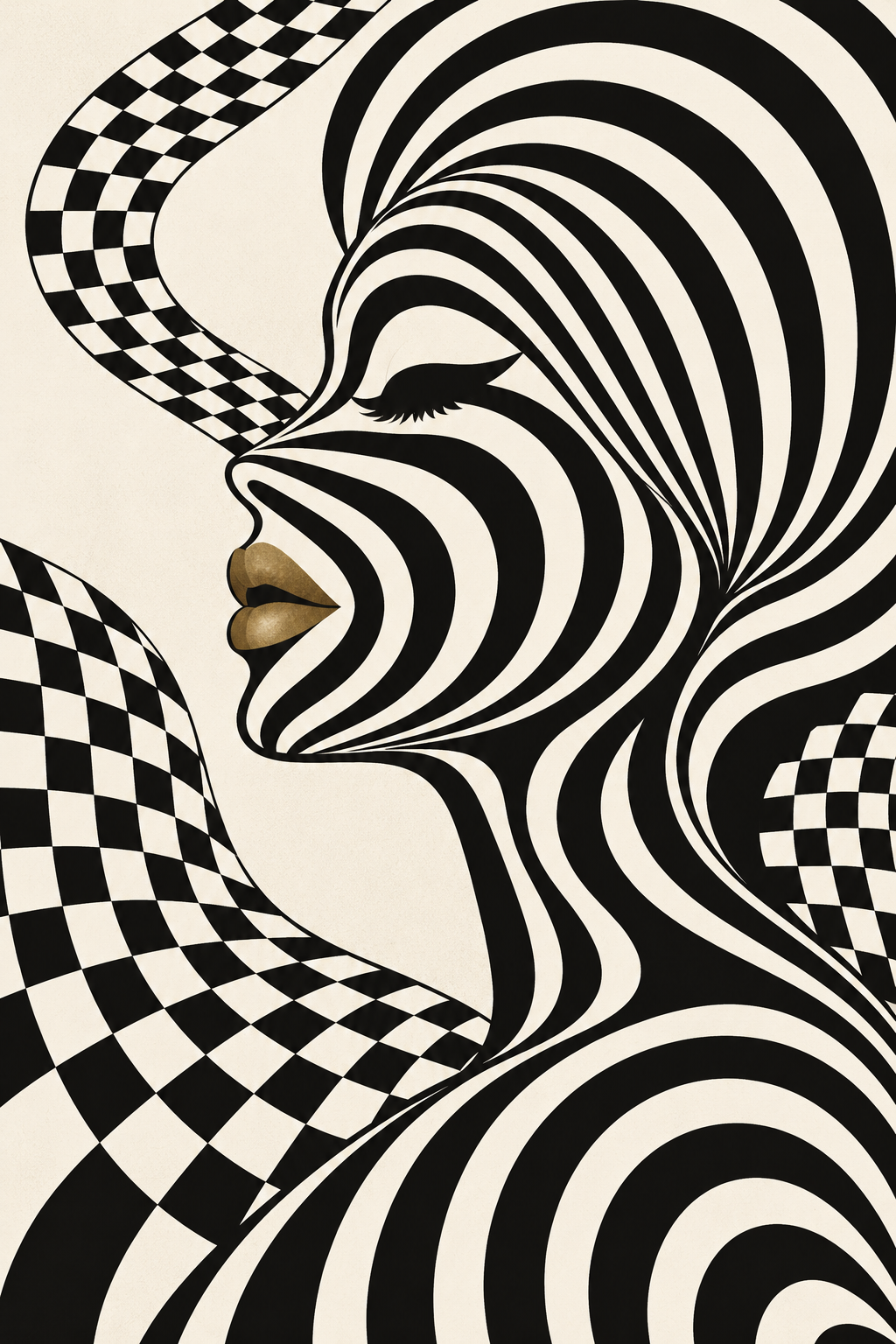 Optical illusion woman profile wall art print — black and white stripes and checkerboard with gold lips