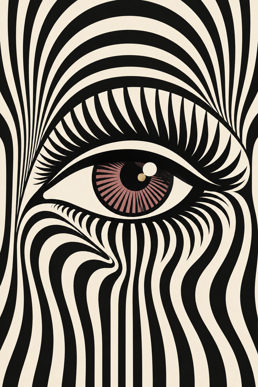 Optical illusion eye wall art print — black and white swirling lines with blush iris