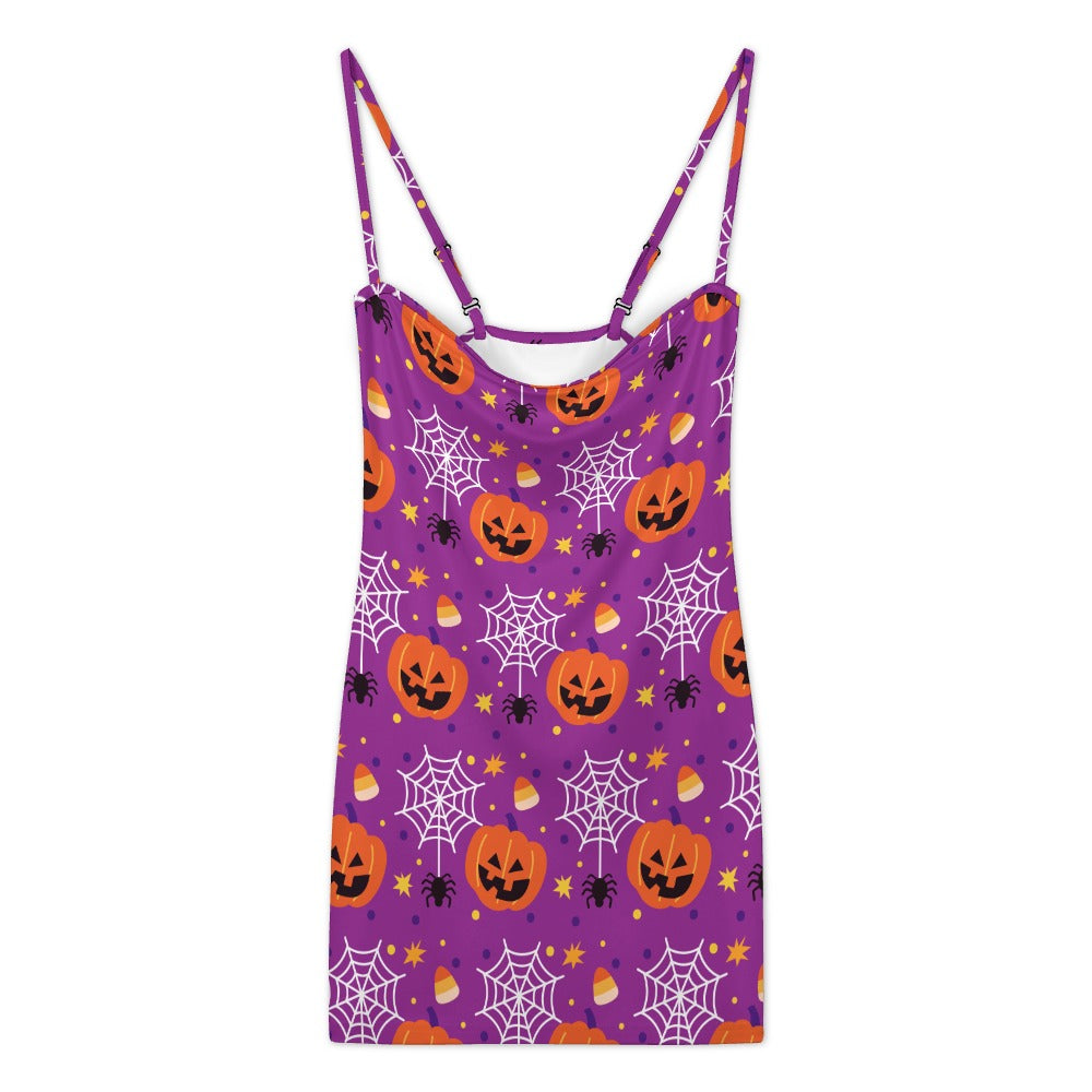Halloween Bodycon Mini Dress for Women | Pumpkin & Spider Web Print