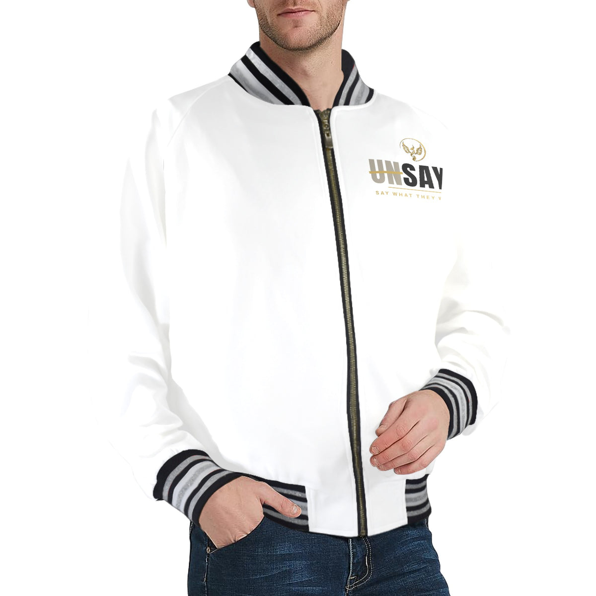 Men's UNSAYD White Striped Trim Bomber Jacket