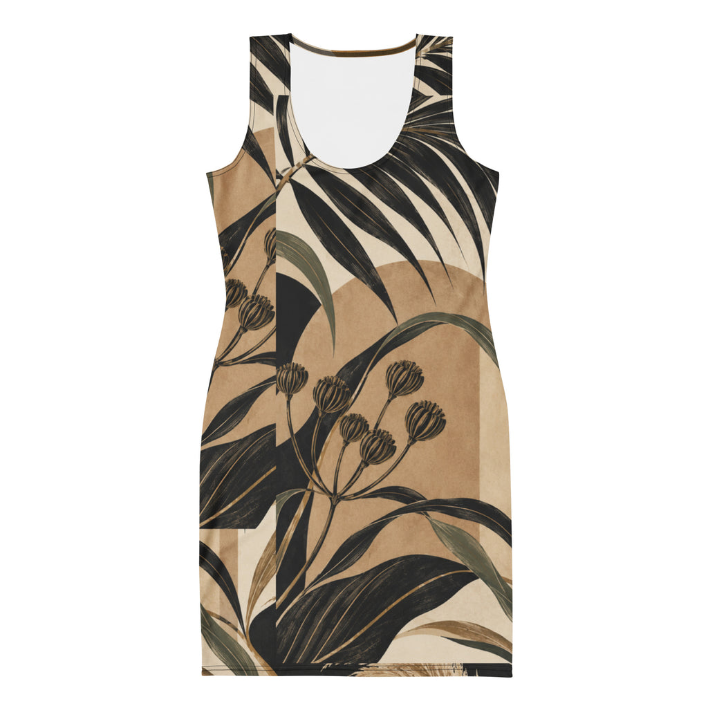 UNSAYD Botanical Bodycon Dress — large-scale botanical all-over print in sand, black and gold
