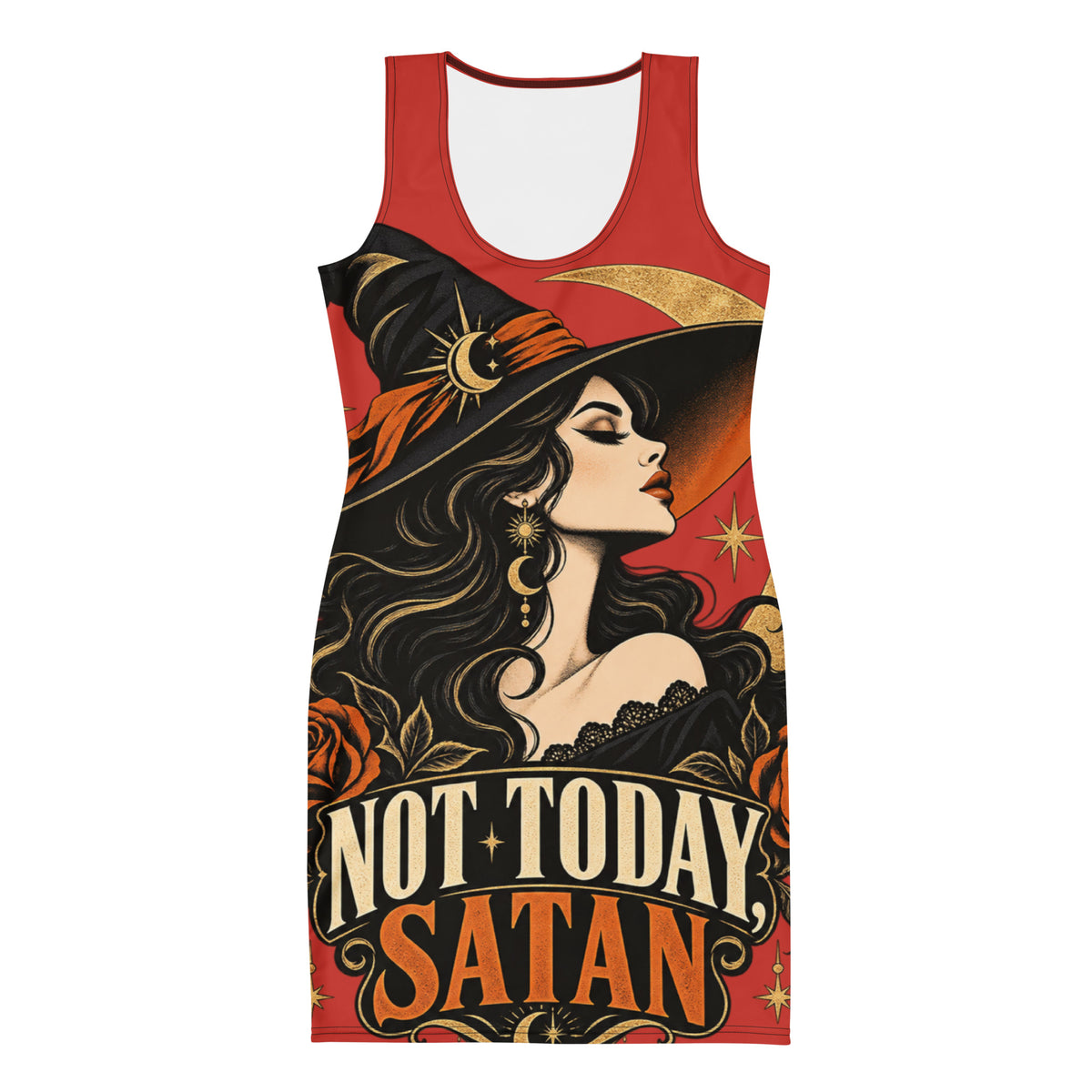 Not Today Satan UNSAYD Witch Bodycon Dress — crimson black and gold all-over print