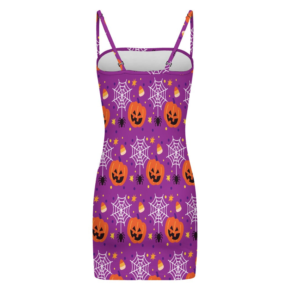 Halloween Bodycon Mini Dress for Women | Pumpkin & Spider Web Print