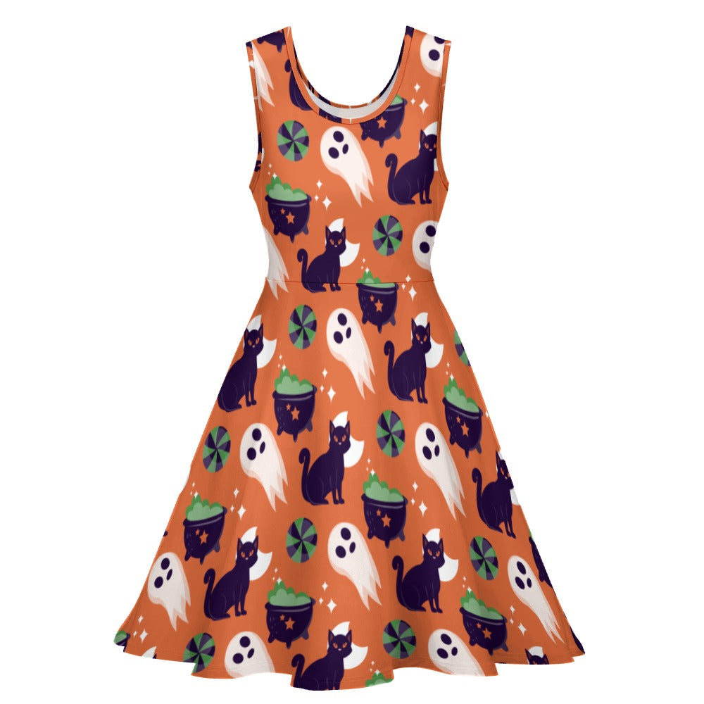 Halloween Print Sleeveless Skater Dress | Women's Fit & Flare | XS–5XL