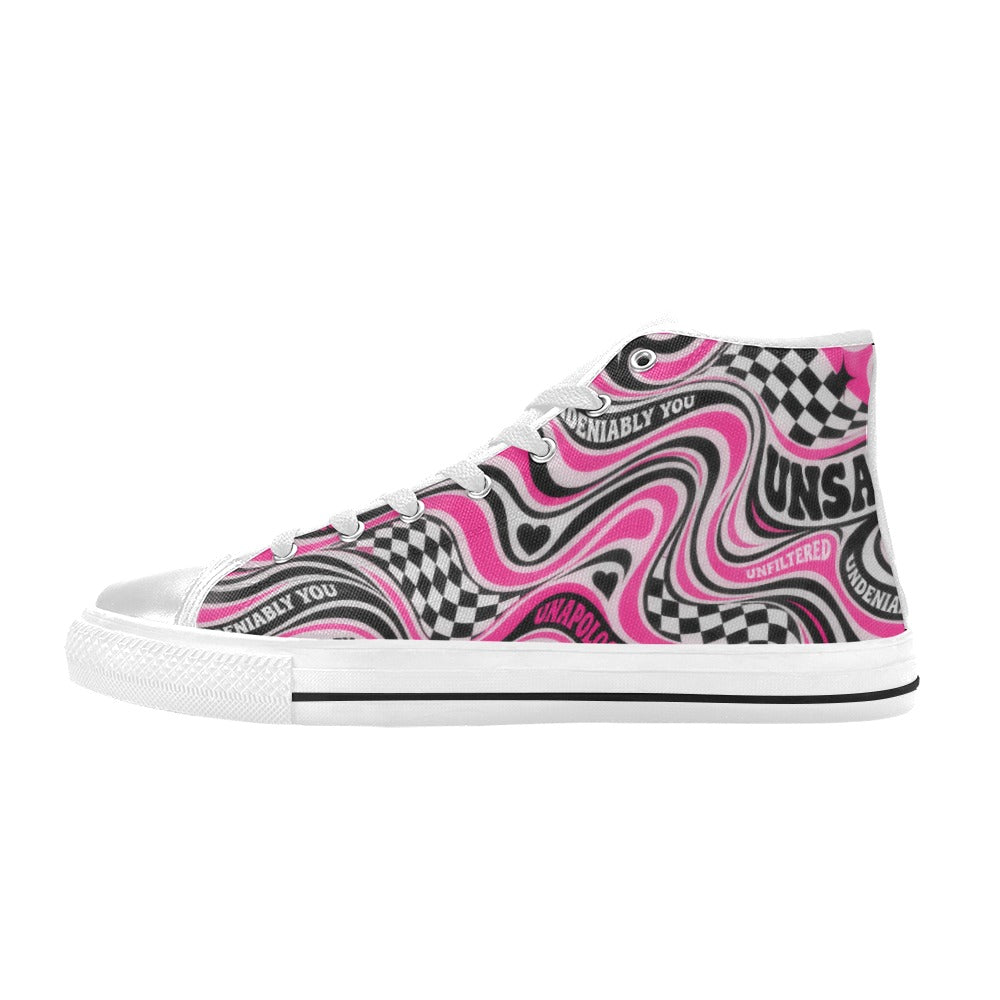 UNSAYD Kids High Top Canvas Sneakers | Pink Psychedelic Checkered Print | Big Kid