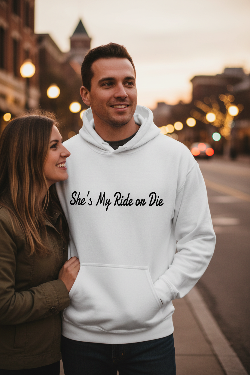 She's My Ride or Die – NextRep Couple Identity Hoodie lifestyle Pinterest image