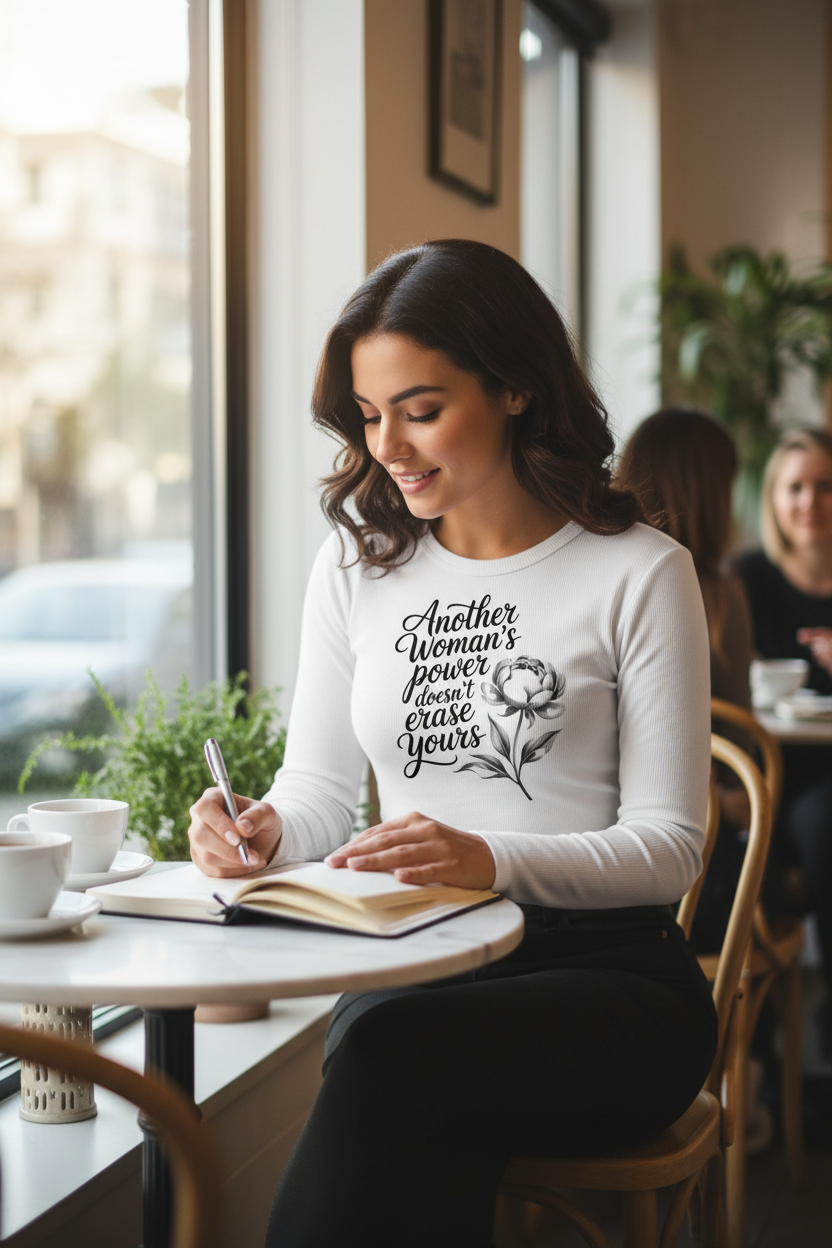 Another Woman's Power Doesn't Erase Yours – Cropped Long Sleeve Tee lifestyle Pinterest image
