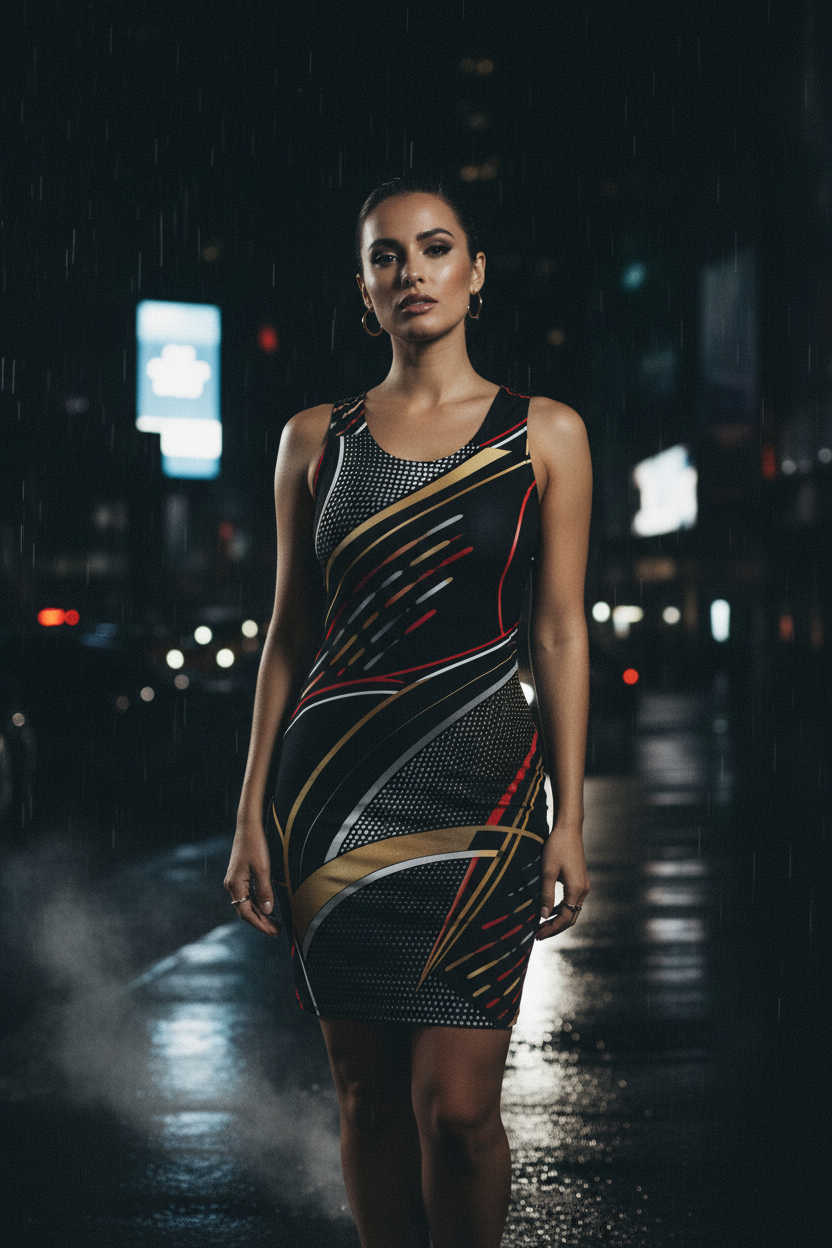 UNSAYD bodycon dress gold red silver editorial lifestyle shot