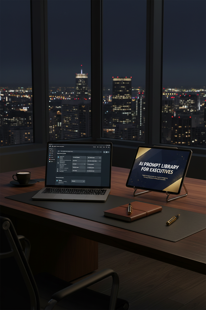 AI Prompt Library for Executives — premium dark desk lifestyle mockup