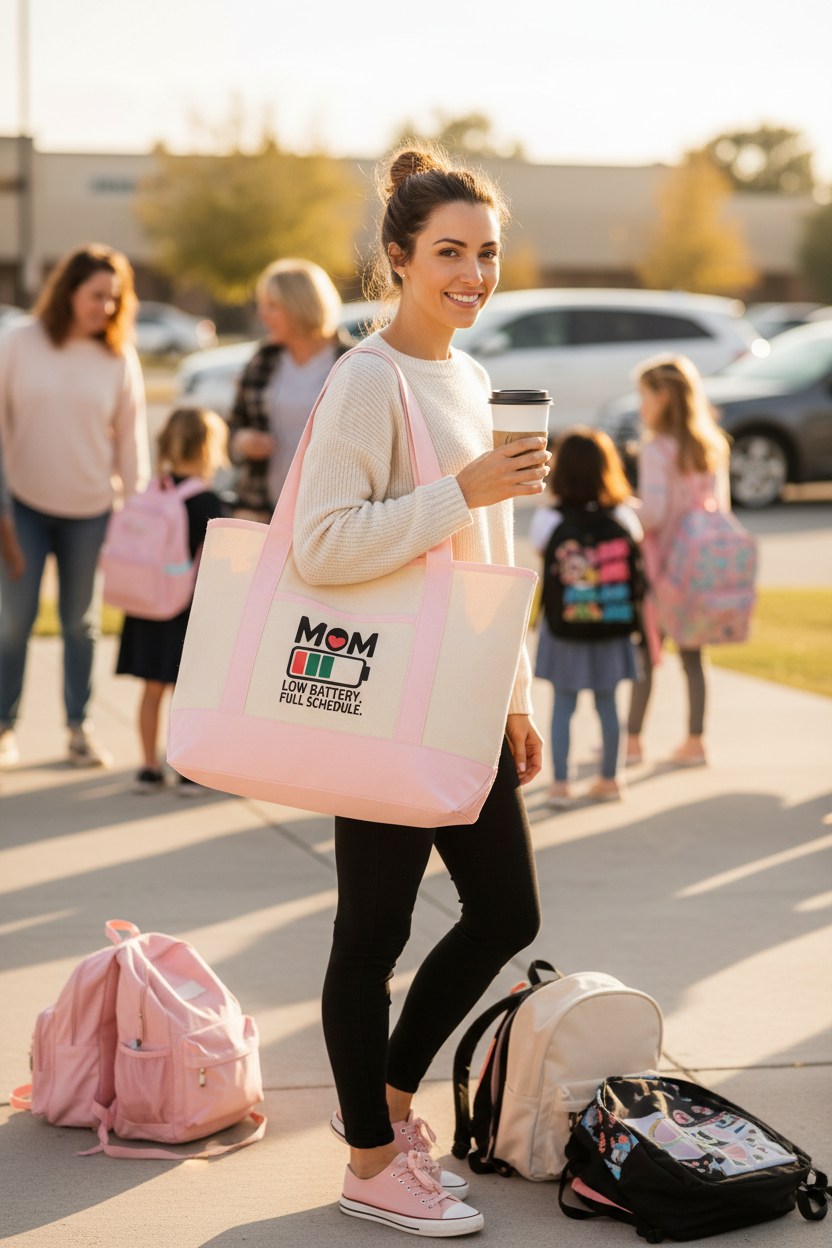 MOM Low Battery Full Schedule — Tote Bag lifestyle Pinterest image