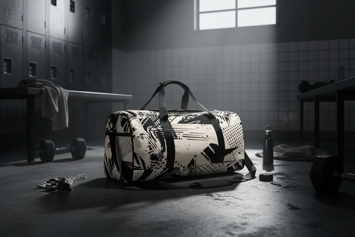 Black and white abstract print duffle bag lifestyle photo by The NextRep