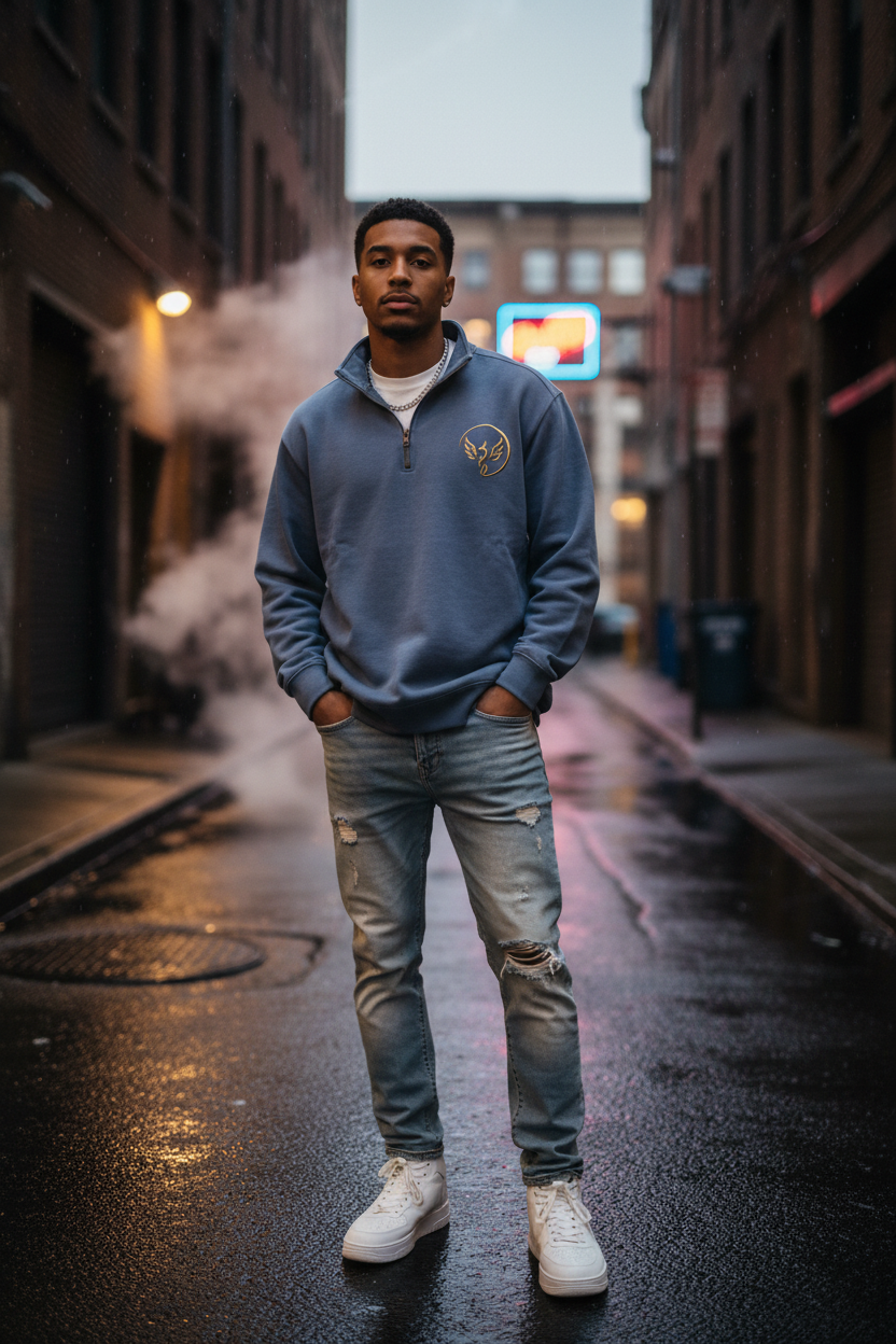 Blue jean garment-dyed quarter-zip sweatshirt with gold phoenix emblem lifestyle photo by UNSAYD