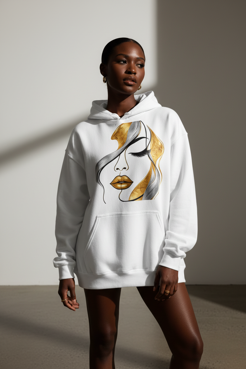 Women's Identity Gold Face Art – NextRep Fleece Hoodie lifestyle Pinterest image