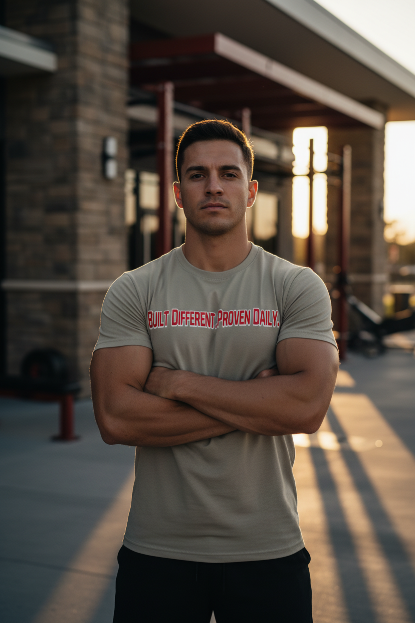 The NextRep Capital Performance Tee Stone – Built Different Proven Daily lifestyle Pinterest image