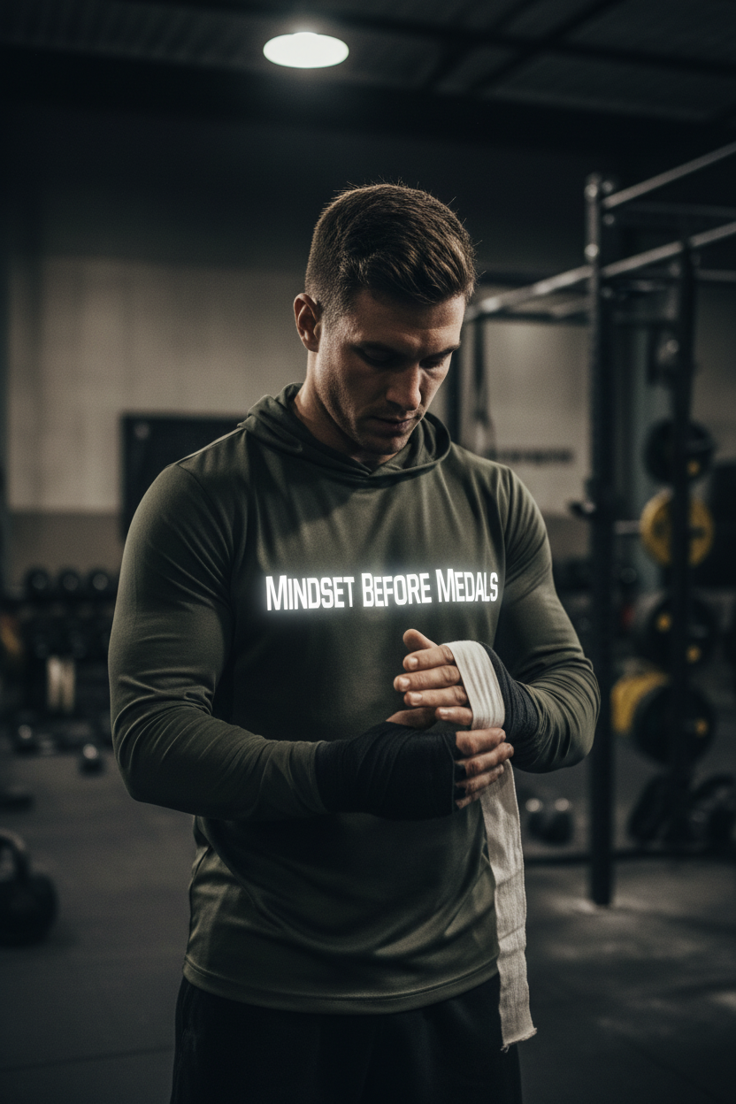 Mindset Before Medals – NextRep Zone Performance Hoodie lifestyle Pinterest image