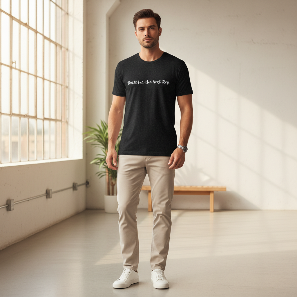 Man wearing black Built for the Next Rep T-shirt in a creative studio
