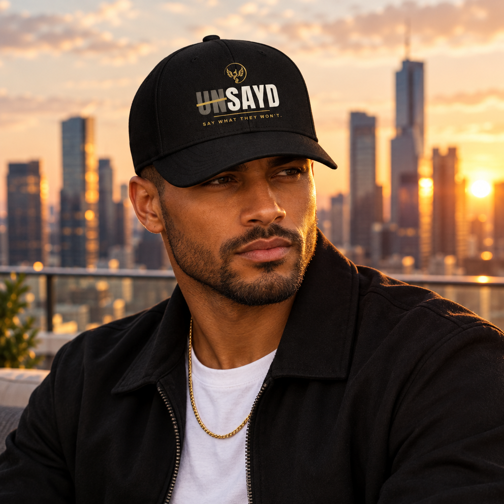 Man wearing black UNSAYD cap on a city rooftop