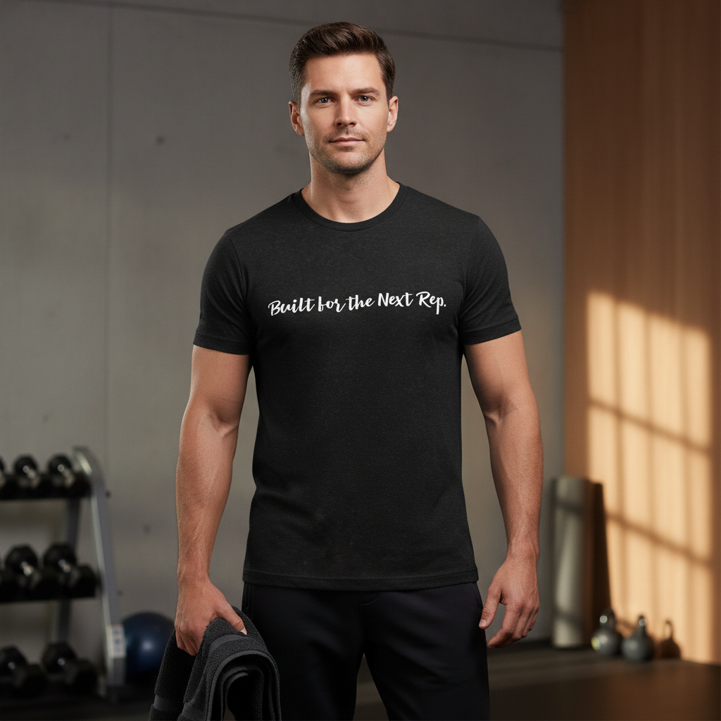 Man wearing Built for the Next Rep T-shirt in a modern training studio