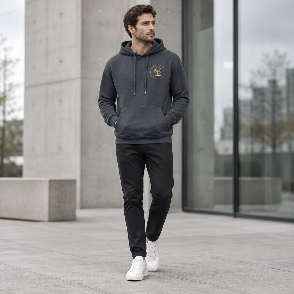 Man wearing charcoal UNSAYD phoenix hoodie in a modern urban setting