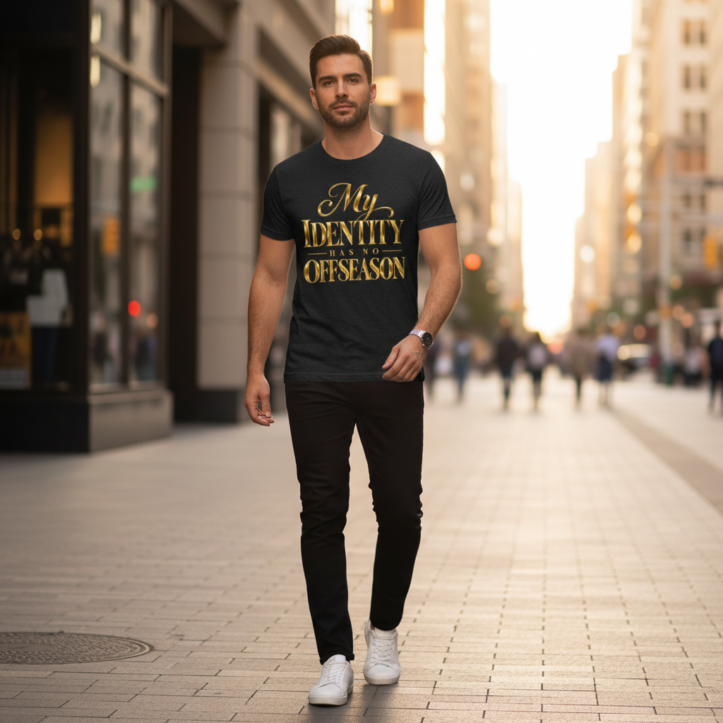 Man wearing My Identity Has No Offseason T-shirt downtown