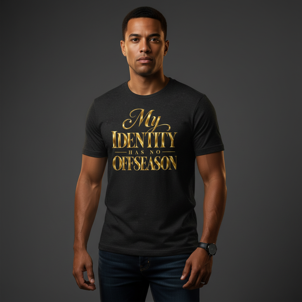 Man wearing My Identity Has No Offseason T-shirt in a studio