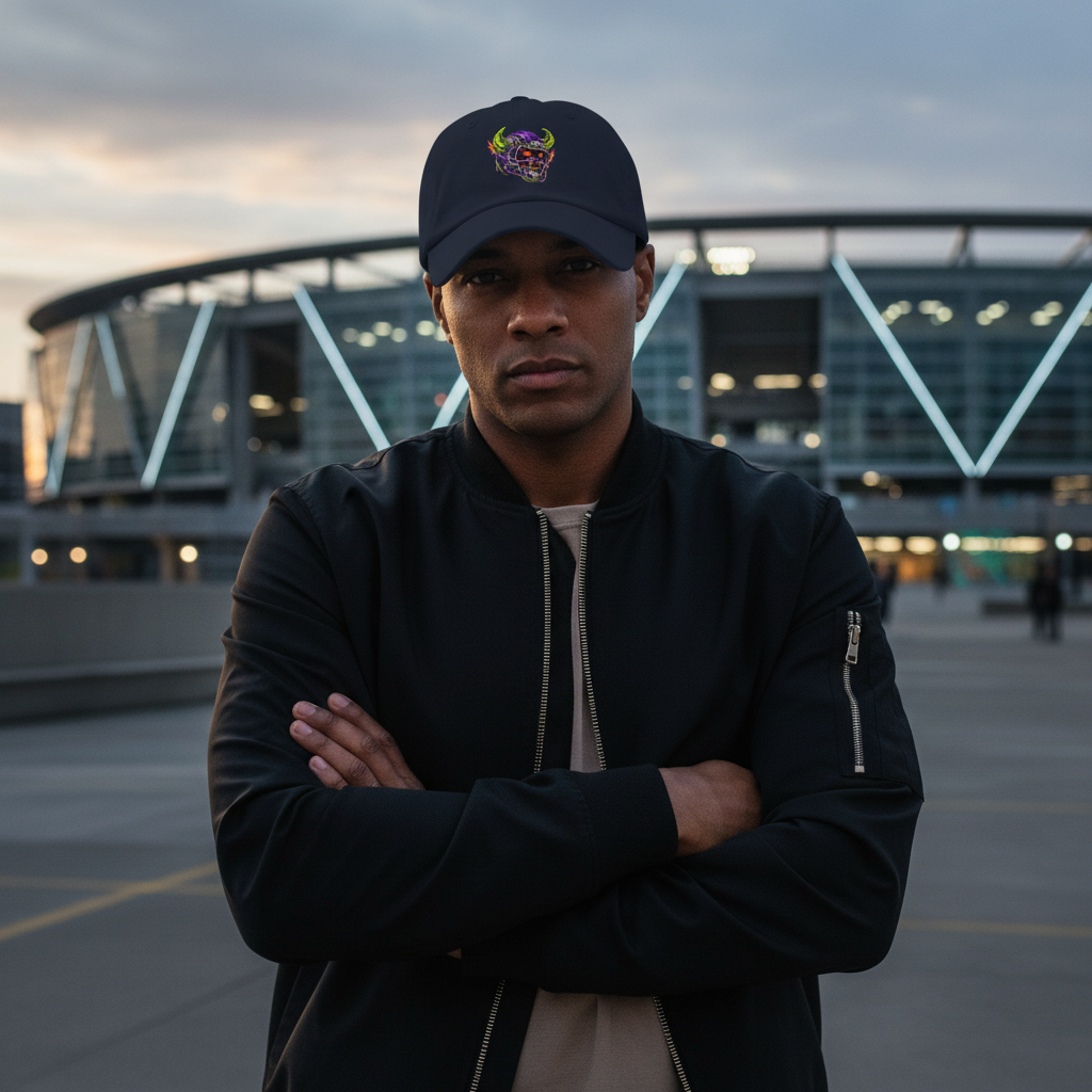 Man wearing navy horned-football helmet hat outside a stadium