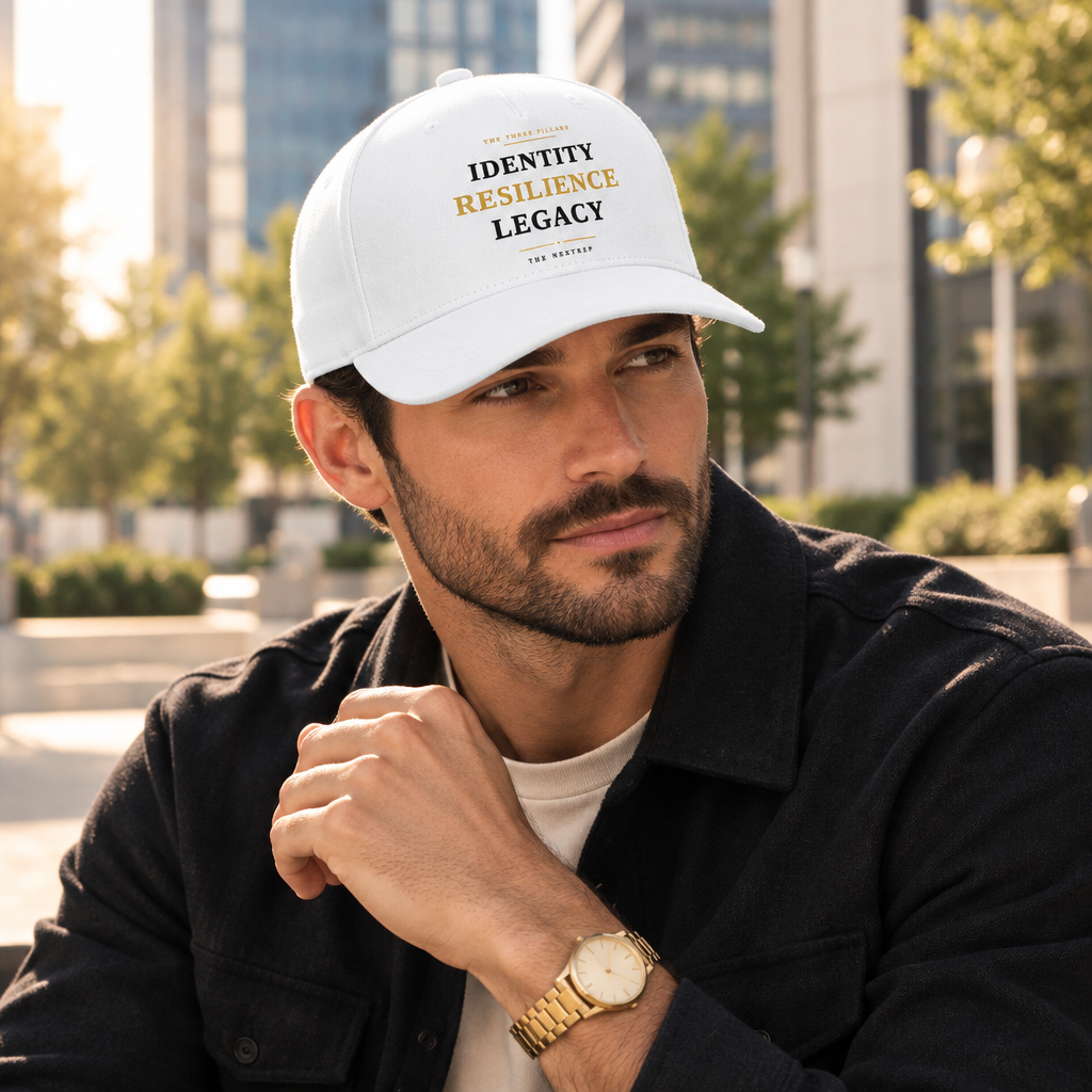Man wearing white Identity Resilience Legacy cap in a modern city plaza