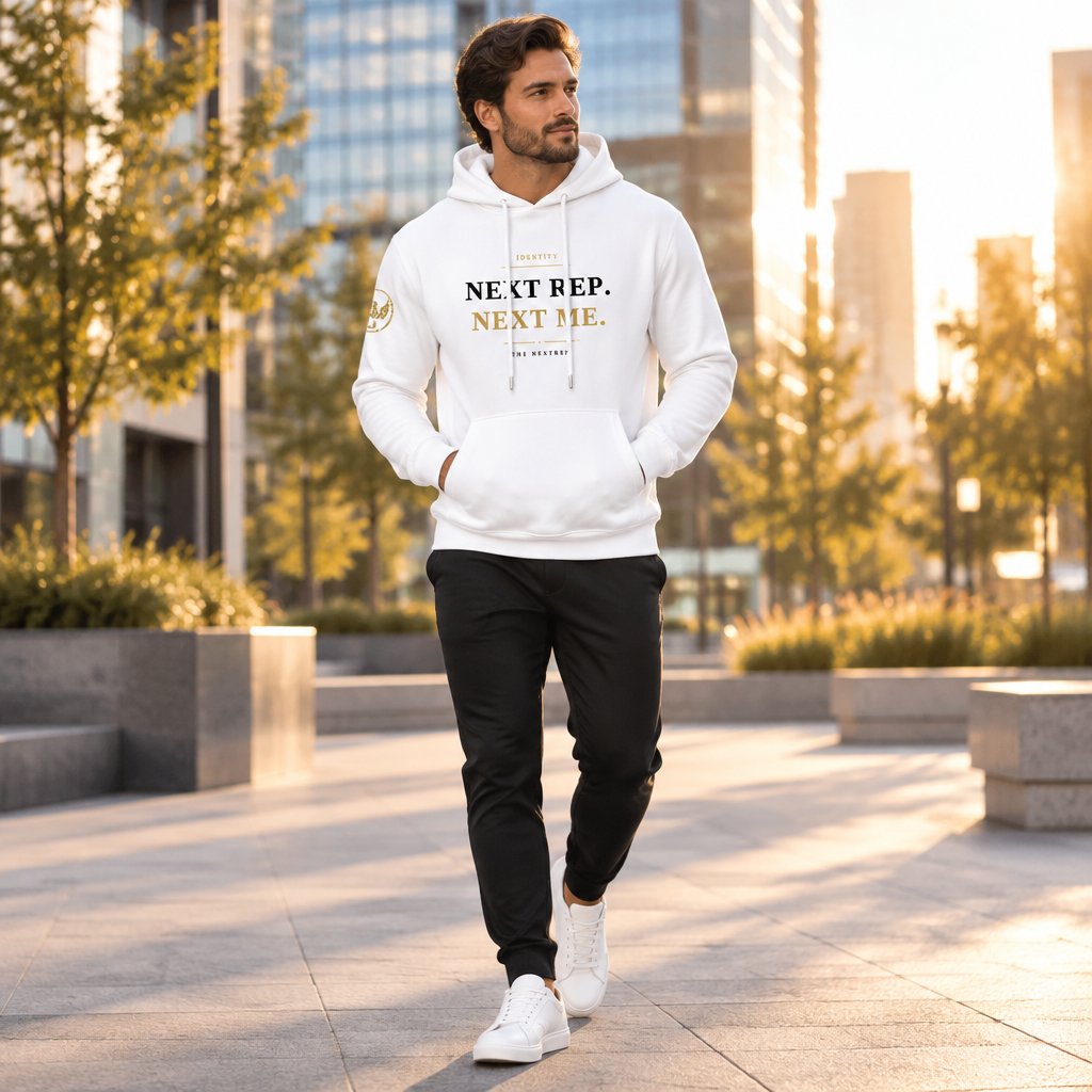 Man wearing white Next Rep Next Me hoodie in a modern city plaza