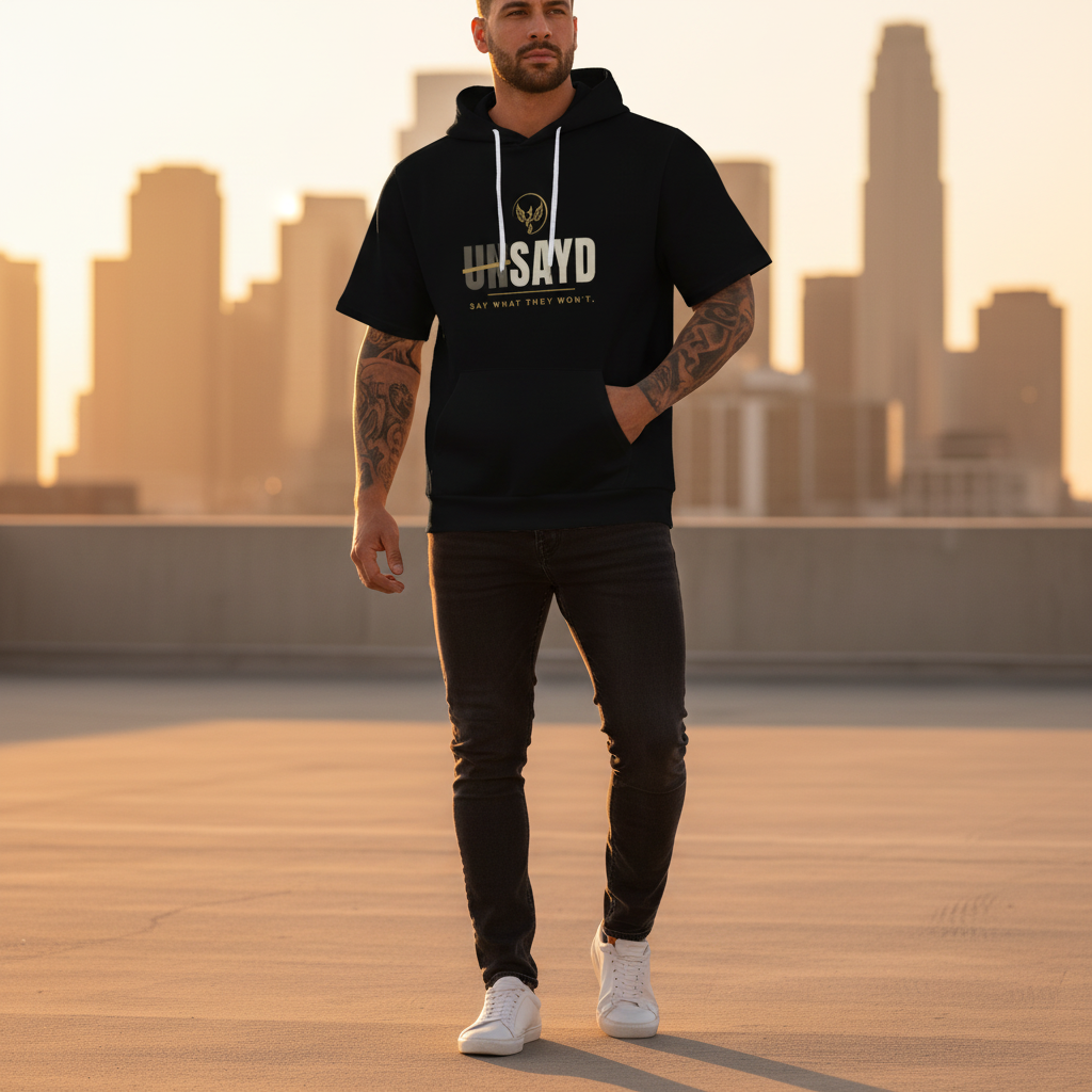 Men’s black short-sleeve UNSAYD hoodie lifestyle image