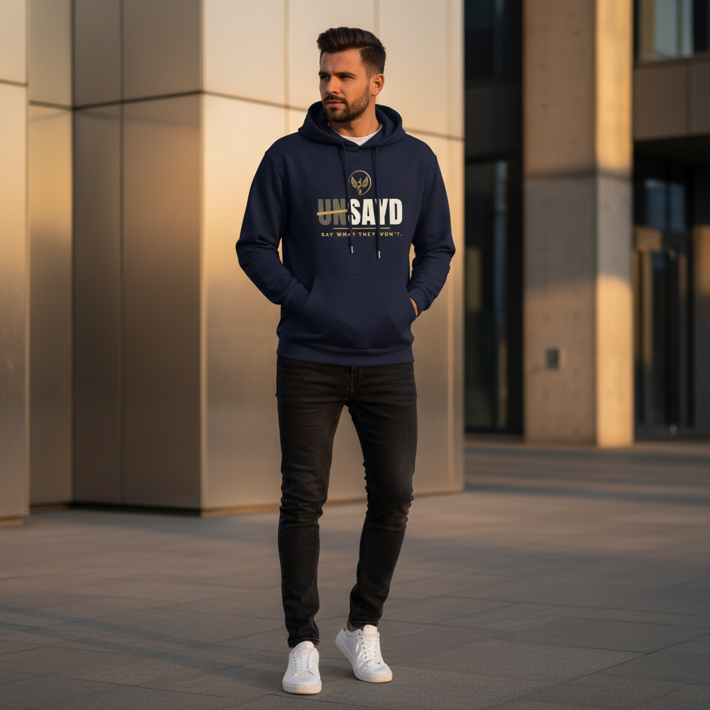Men’s navy UNSAYD hoodie lifestyle image