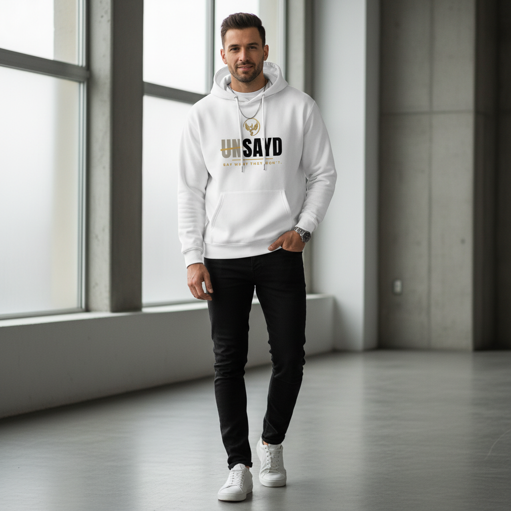 Men’s white UNSAYD hoodie lifestyle image