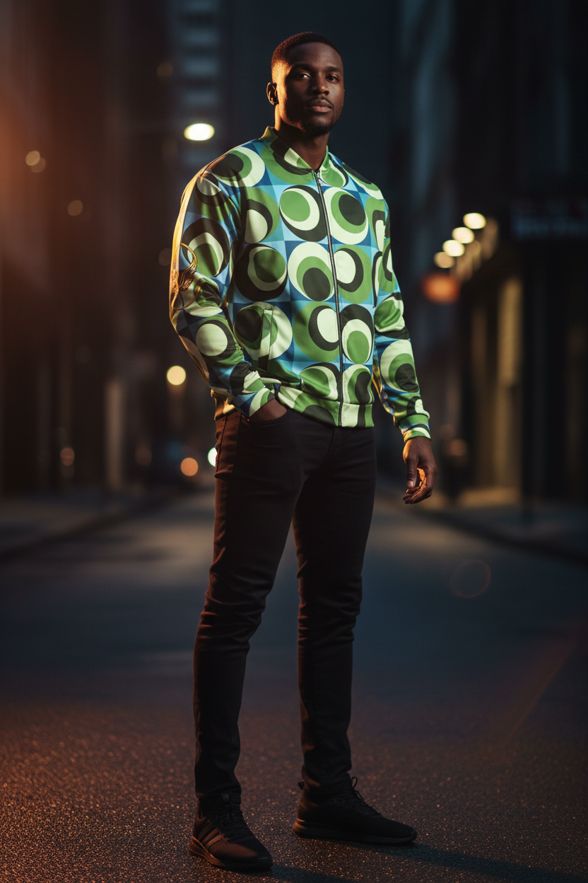 UNSAYD all-over print bomber jacket worn by male model on nighttime city street